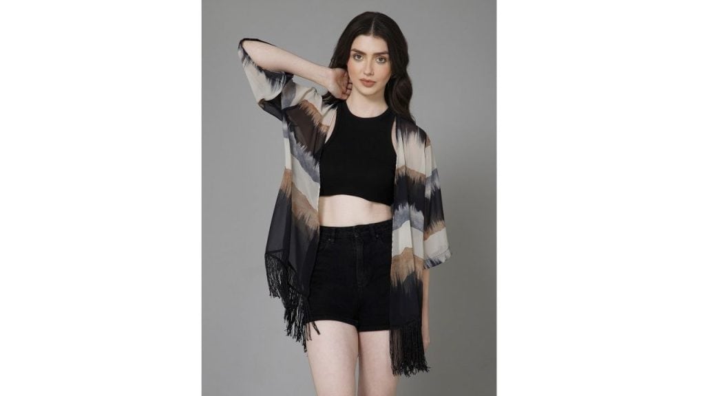 PURYS Abstract Printed Tasselled Shrug