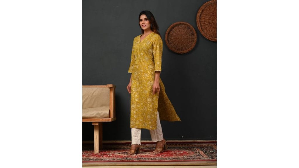 Rimeline Floral Printed V-Neck Pure Cotton Straight Kurtas