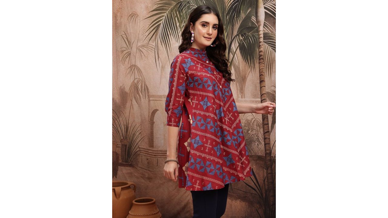 Sangria Mandarin Collar Printed Pure Cotton Tunic