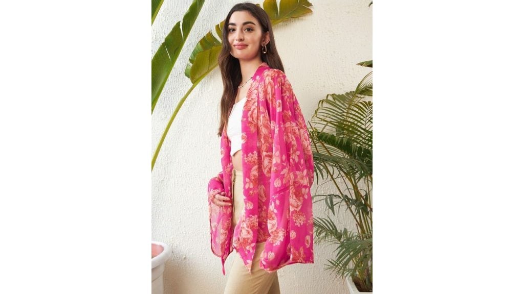SASSAFRAS Pink Floral Printed Front Open Kimono Shrug