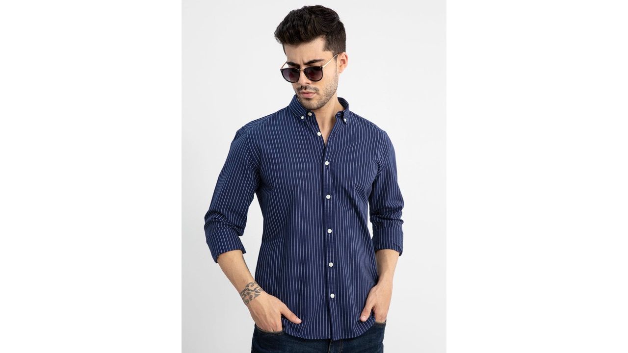 Snitch Navy Blue Bengal Stripes Striped Classic Slim Fit Cotton Casual Shirt