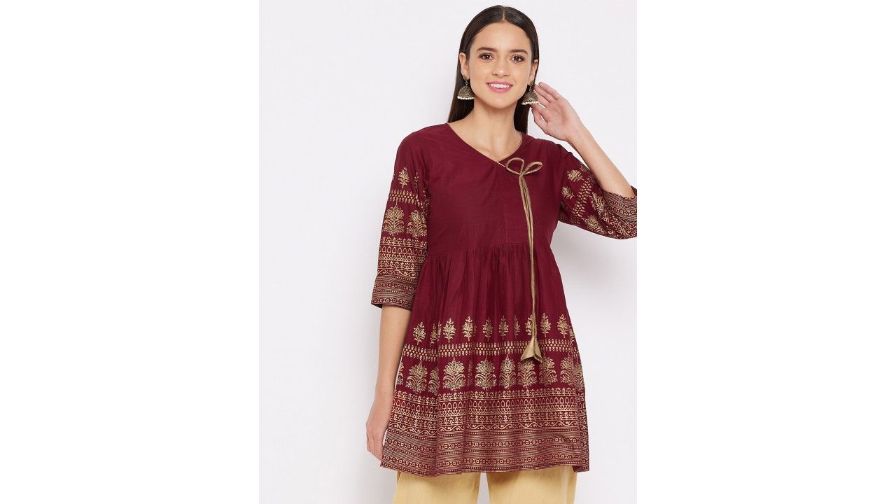 WineRed Maroon & Gold-Toned Printed Tunic