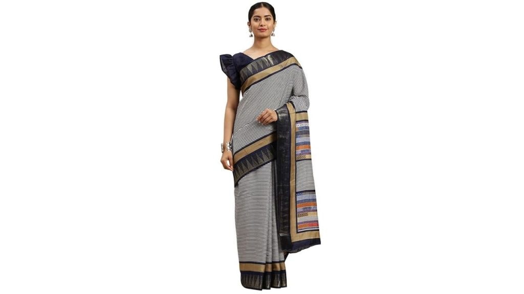 AKHILAM Women’s Lehariya Print Linen Blend Saree