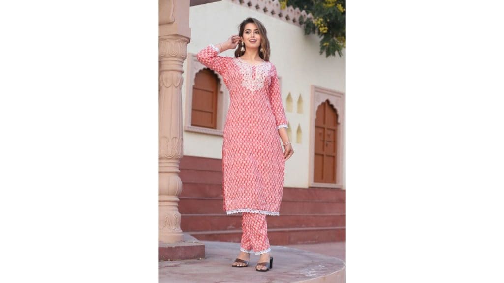 ARANGETRAM Abstract Printed Round Neck Chikankari Kurta With Trouser