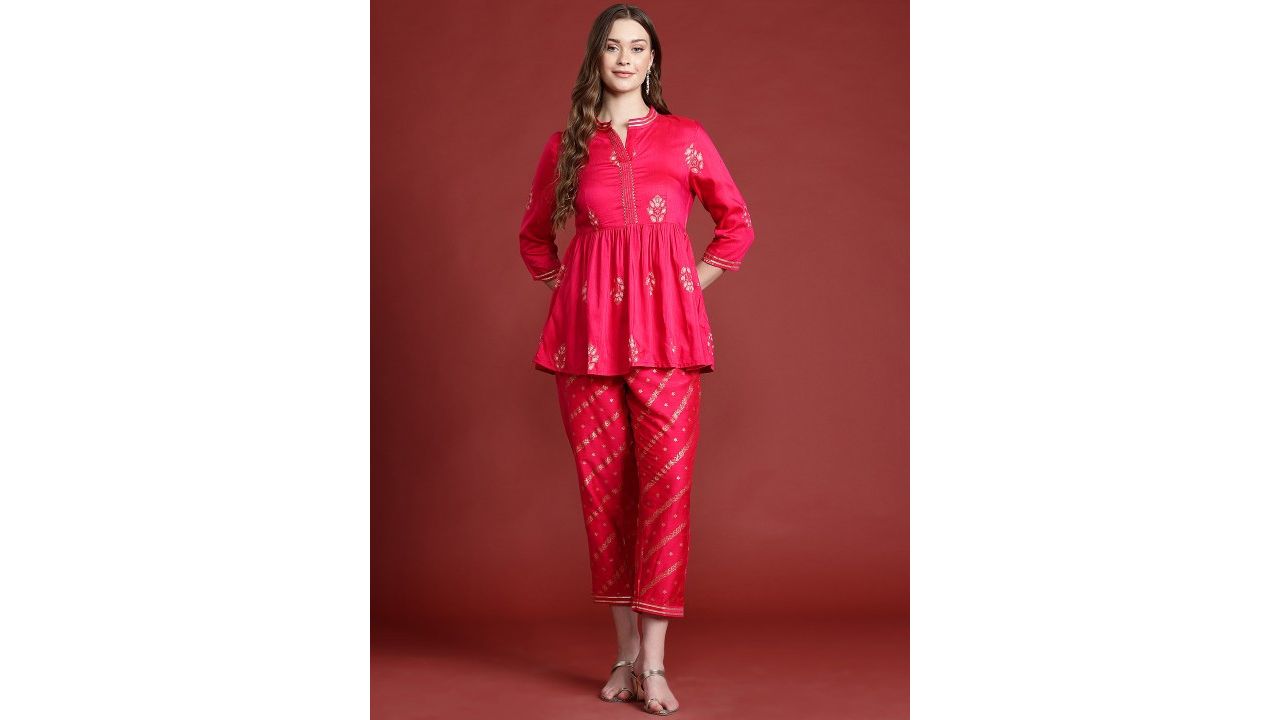 Anouk Ethnic Motifs Printed Pleated Gotta Patti Kurta with Trousers