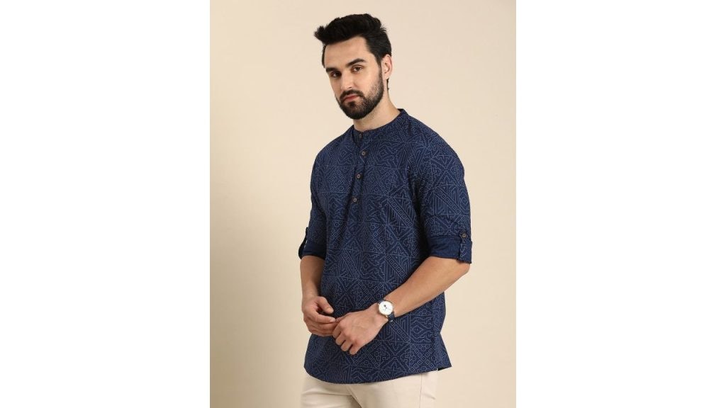 Anouk Men Geometric Printed Cotton Indigo Short Kurta