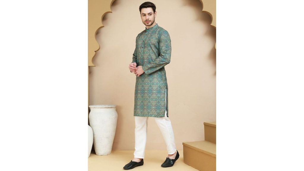 Anouk Rustic Paisley Printed Band Collar Straight Kurta with Pyjamas