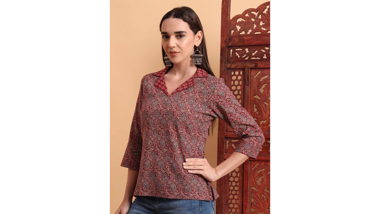 Anouk Rustic Women Paisley Printed Shirt Collar Pure Cotton Short Kurti