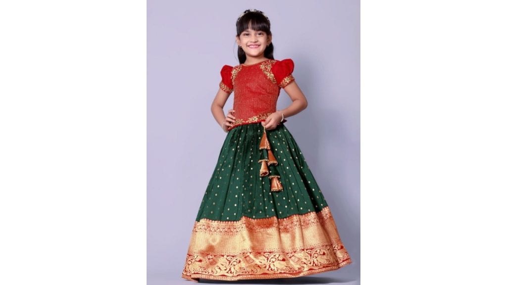 BAESD Girls Embroidered Thread Work Ready To Wear Jacquard Lehenga & Choli