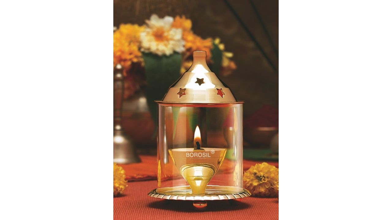 BOROSIL Akhand Diya Gold Toned Decorative Brass Glass Oil Lamp 