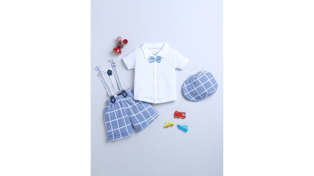 BUMZEE Boys Pure Cotton Clothing Set With Bow Suspender & Cap