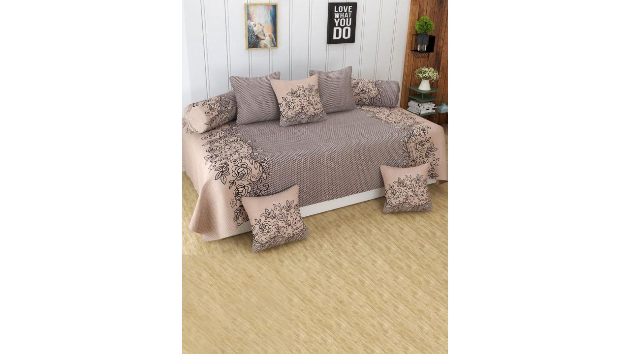 Bajo's Beige & Grey 8 Pieces Printed Pure Cotton Diwan Set