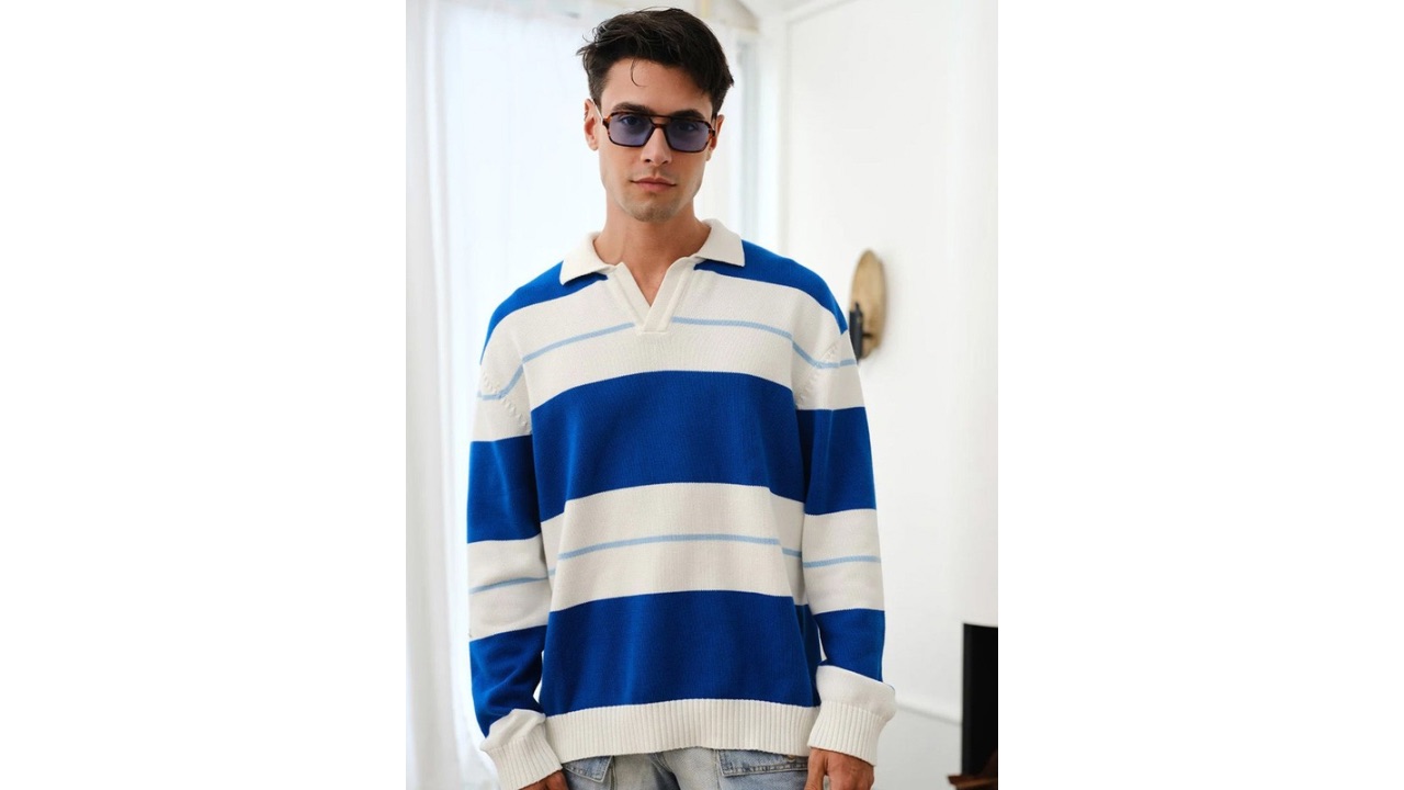 Bonkers Corner Men Stripe V-Neck Knit Polo Sweatshirt