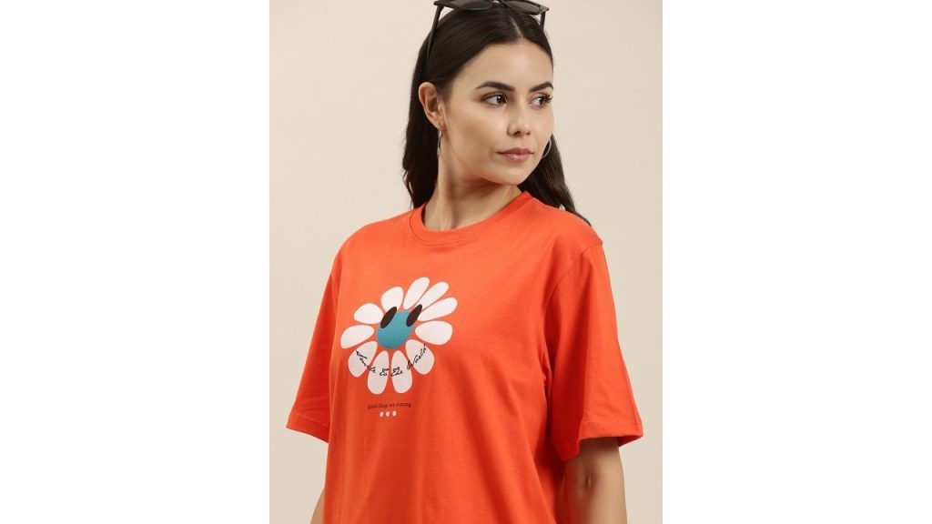 Difference of Opinion Women Orange Typography Printed Pure Cotton Oversized T-Shirt