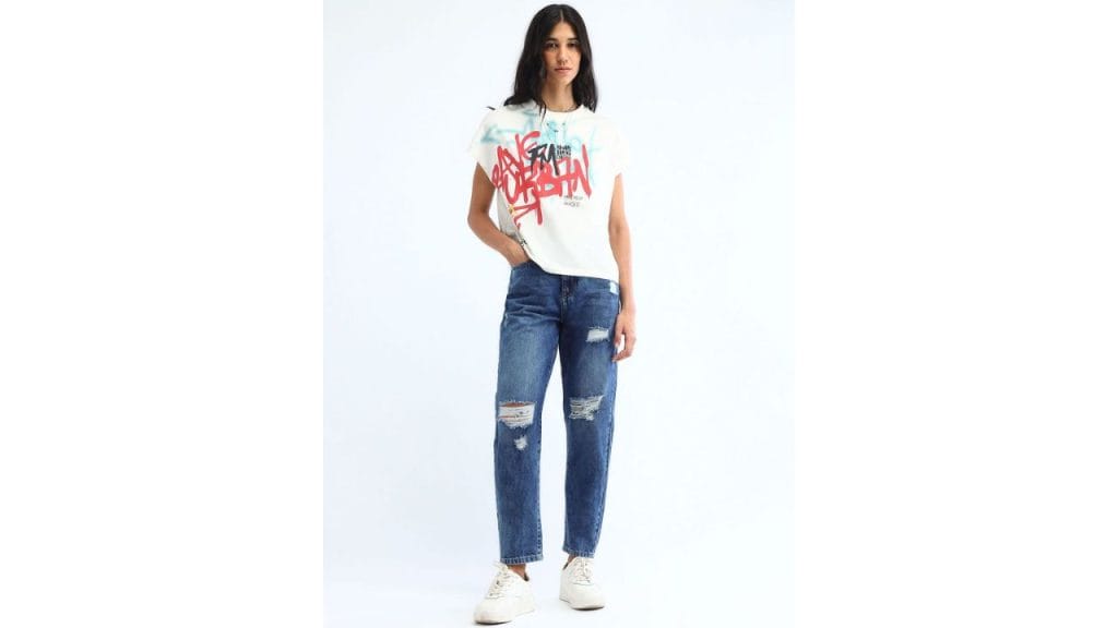 Flying Machine Women High-Rise Highly Distressed Light Fade Jeans