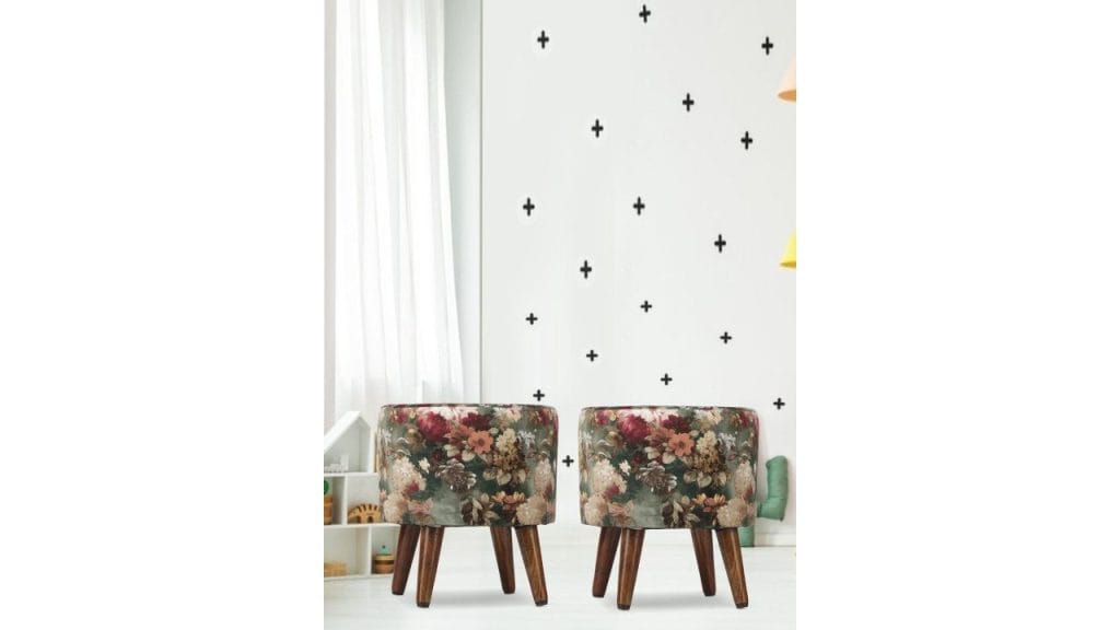 GLOBALLY INDIAN 2 Pcs Olive Green & Brown Floral Printed Velvet Round Puff Ottomans
