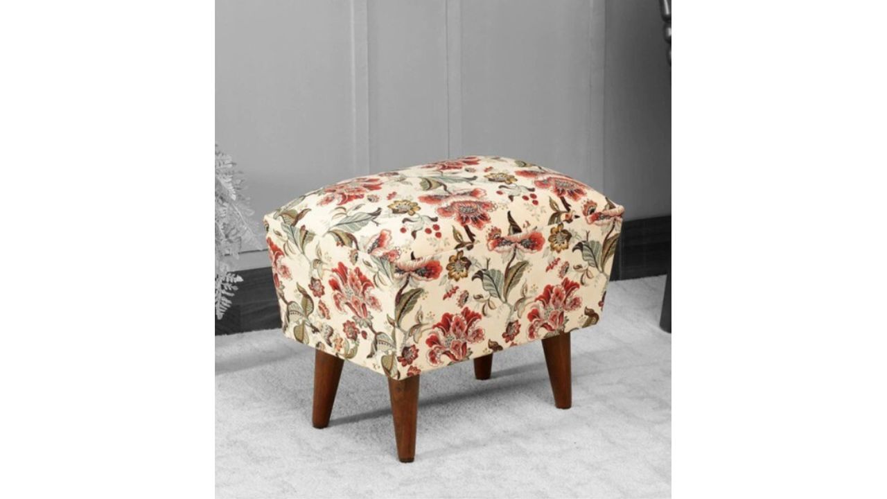 GLOBALLY INDIAN Off White & Red Printed Wooden Ottoman