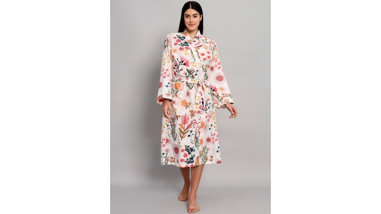 HANDICRAFT PALACE Floral Printed Pure Cotton Robe with Belt