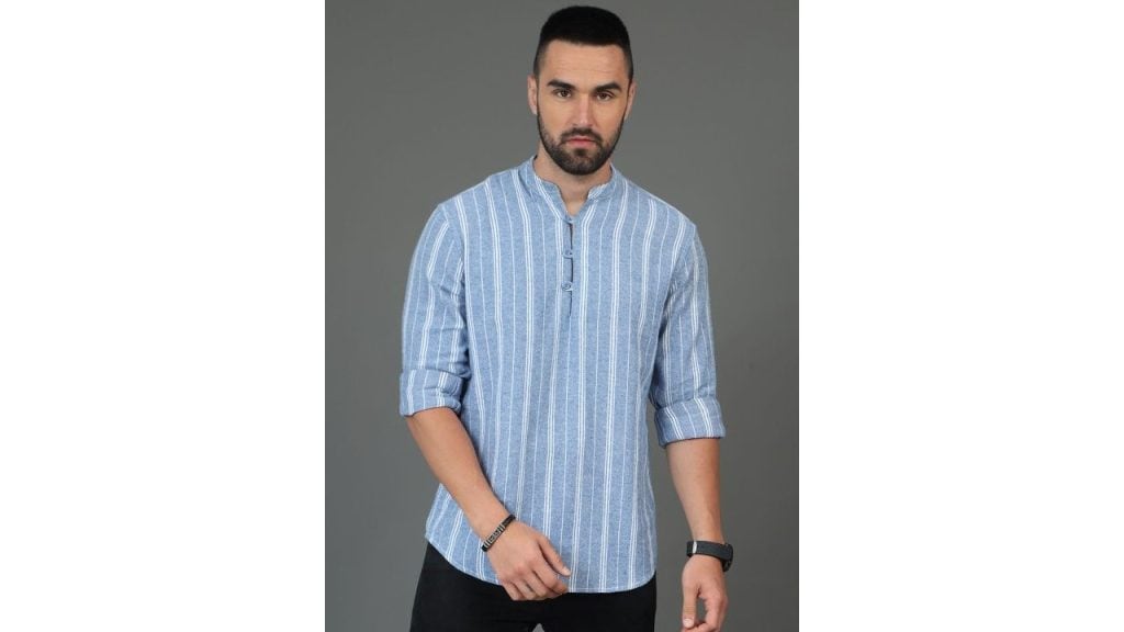 HERE&NOW Blue & White Striped Printed Mandarin Collar Short Kurta