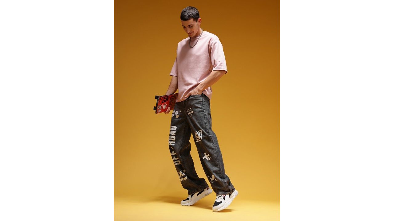 HERE&NOW Men Baggy Fit Pure Cotton Light Fade Printed Jeans