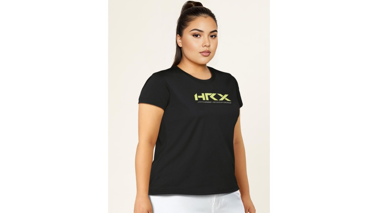 HRX by Hrithik Roshan Training Women JET BLACK Rapid-Dry Brand Carrier Tshirts