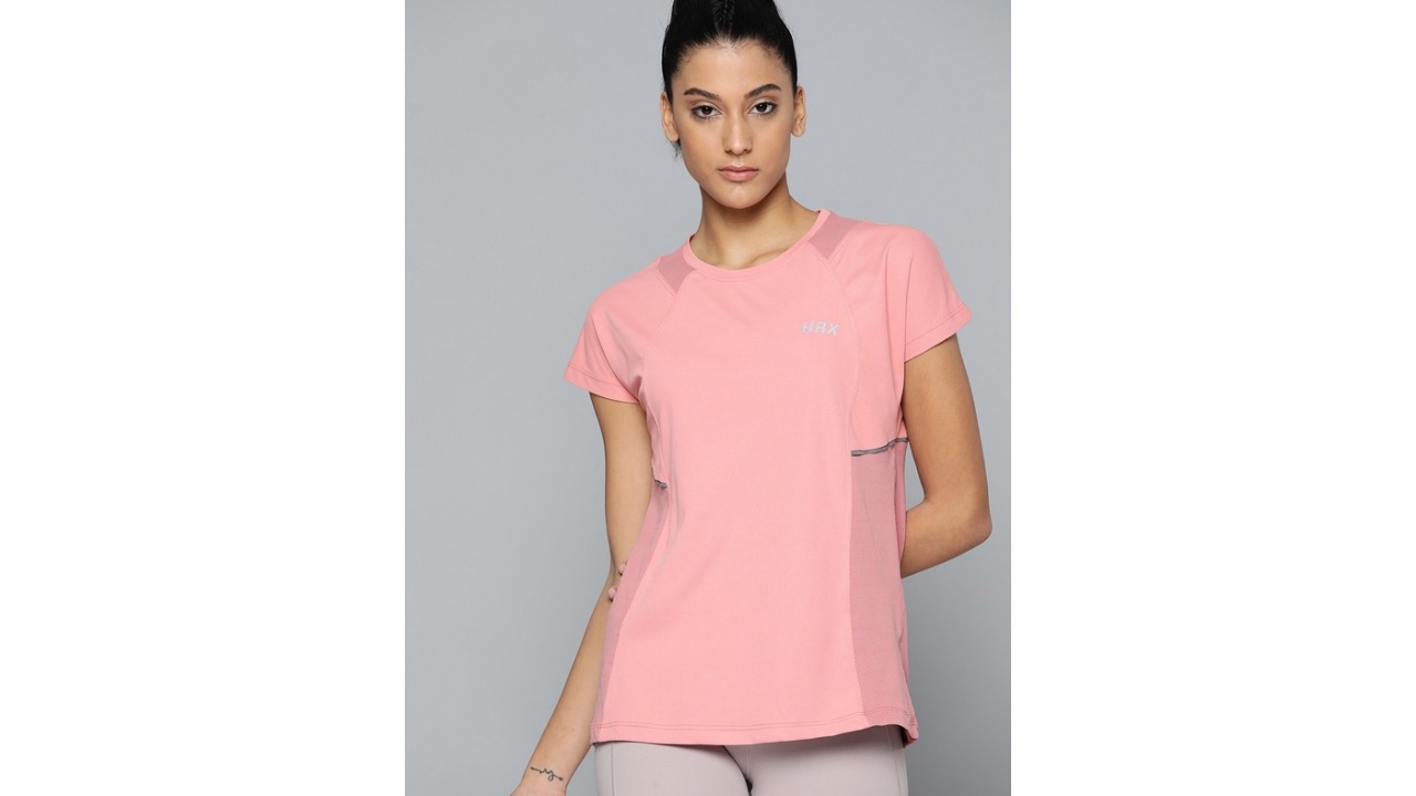 HRX by Hrithik Roshan Women Pink Brand Logo Print Extended Sleeves T-shirt