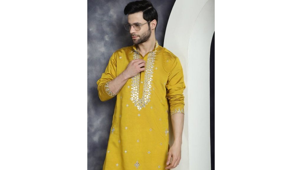 Jompers Geometric Embroidered Mirror Work Cotton Silk Straight Kurta