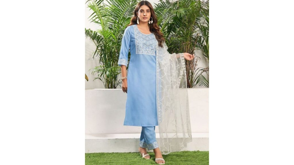 KALINI Ethnic Motifs Yoke Design Sequinned Straight Kurta with Trousers & Dupatta