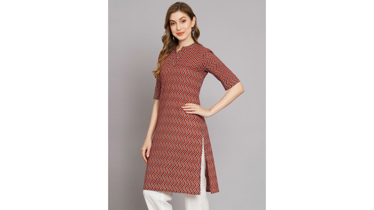 KALINI Geometric Woven Design Mandarin Collar Pocket Kurta
