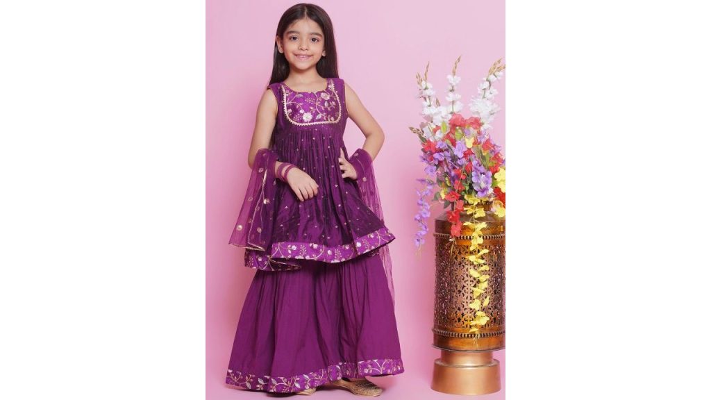 Little Bansi Girls Floral Embroidered Pure Silk Anarkali Kurta with Sharara & Dupatta