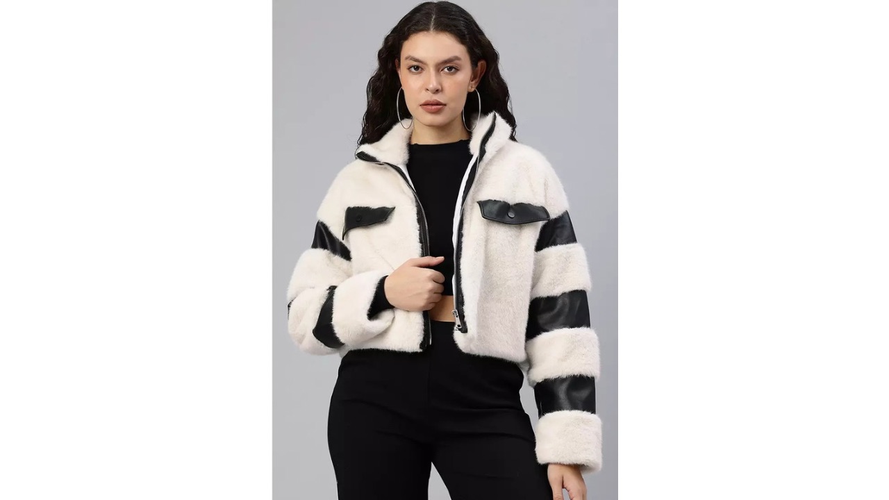 London Rag Faux Fur & Faux Leather Coat in Cream