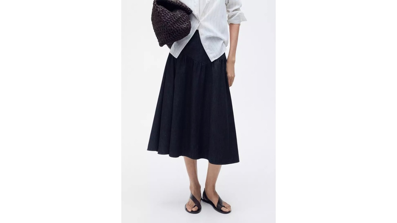 Mango Flared Denim Skirt (Midi, Back Zip)