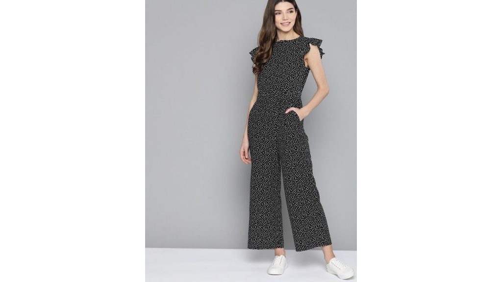 Mast & Harbour Women Black & White Printed Ruffle Sleeves Basic Jumpsuit