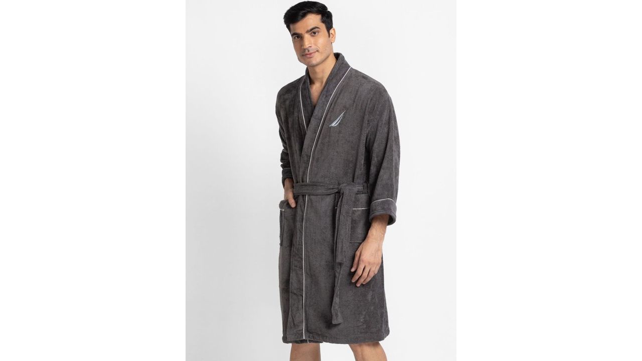 Nautica Men Grey Solid Pure Cotton Bath Robe With Belt
