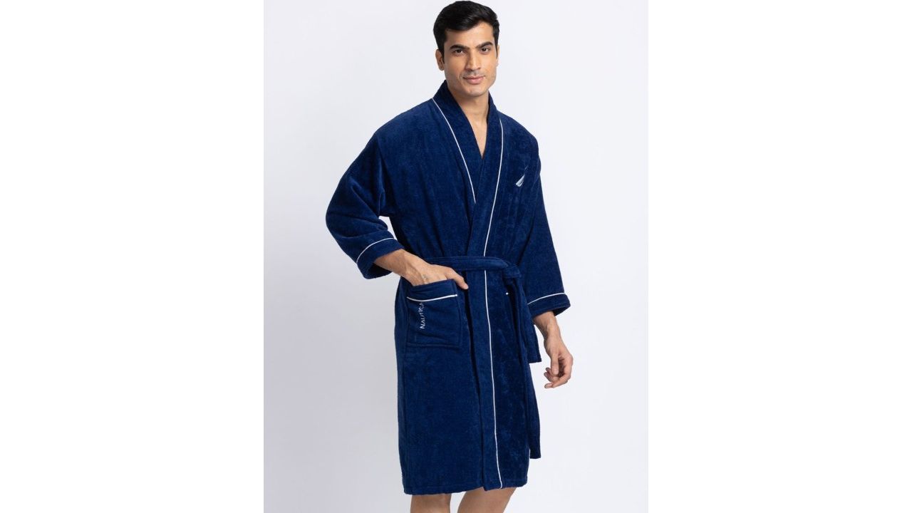 Nautica Men Navy Blue Solid Luxurious Ultra Soft Bath Robe Pure Cotton Robe