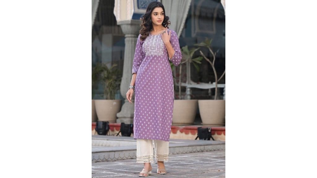 PHYSIL Ethnic Motifs Embroidered Gotta Patti Cotton Straight Kurta