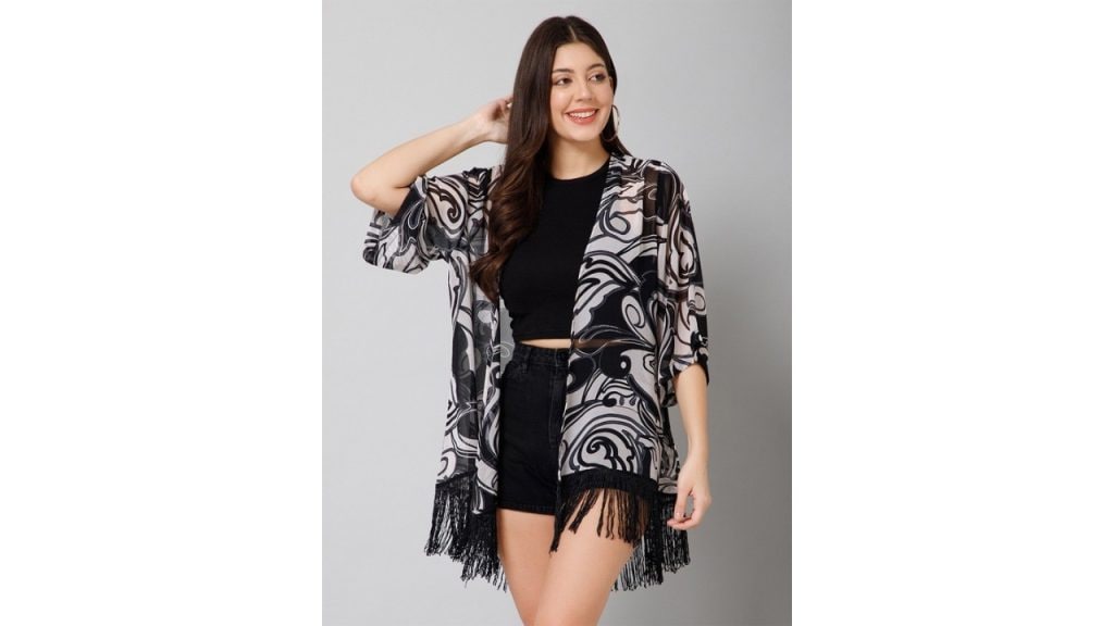 PURYS Abstract Printed Tasselled Longline Shrug