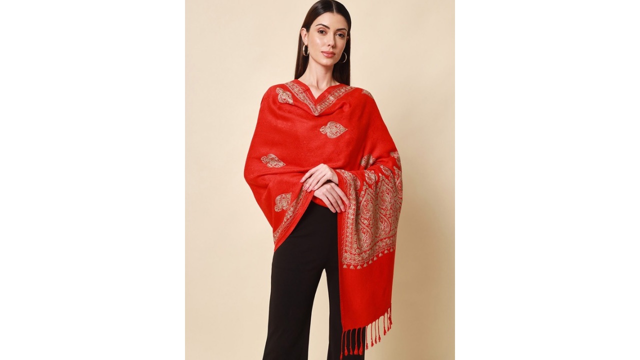 Pashmoda Women Maroon Aari Embroidered Kashmiri Shawl