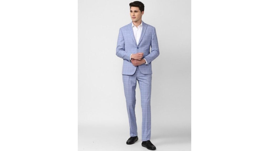 Peter England Elite Men 2 Piece Blue Checked Single Breasted Slim Fit Formal Suit