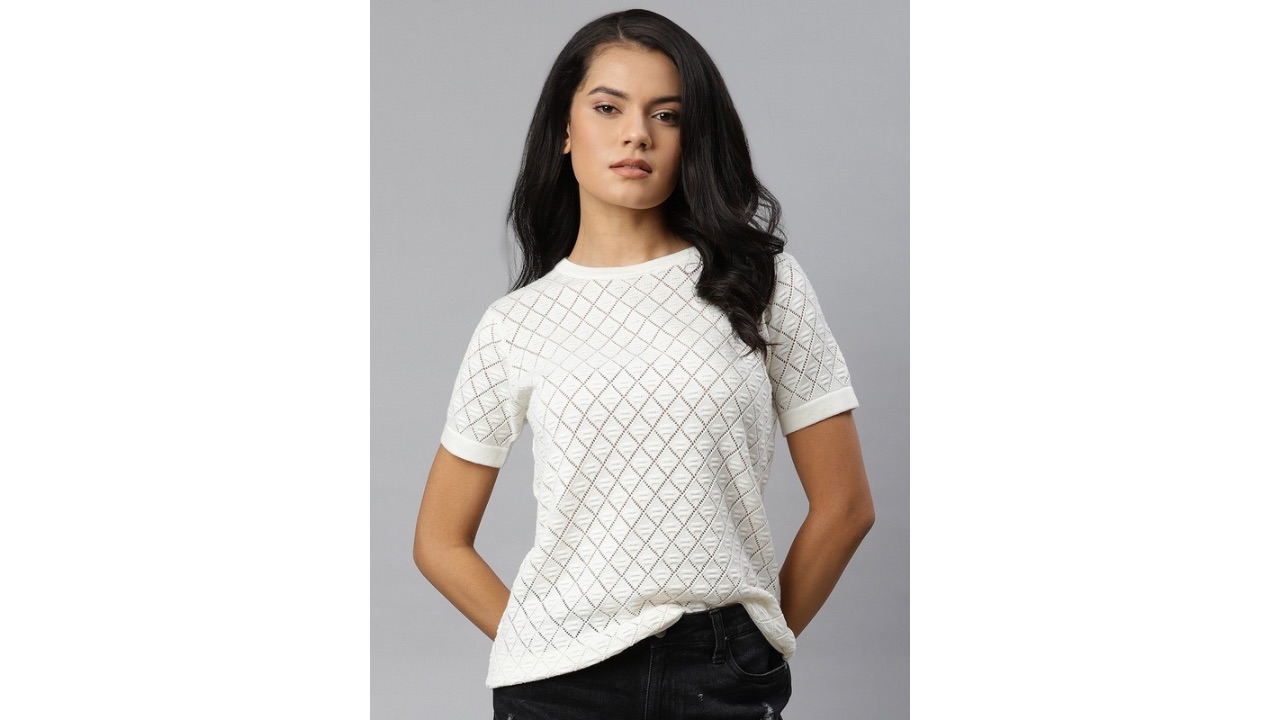 Roadster The Lifestyle Co Women Crochet Knit White Pure Cotton Geometric Regular Top