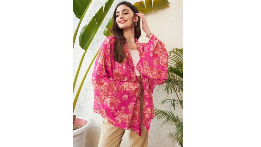 SASSAFRAS Pink Floral Printed Front Open Kimono Shrug
