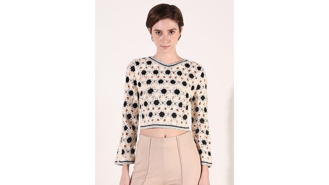 SHOWOFF Women Floral Self Design Crochet Crop Top