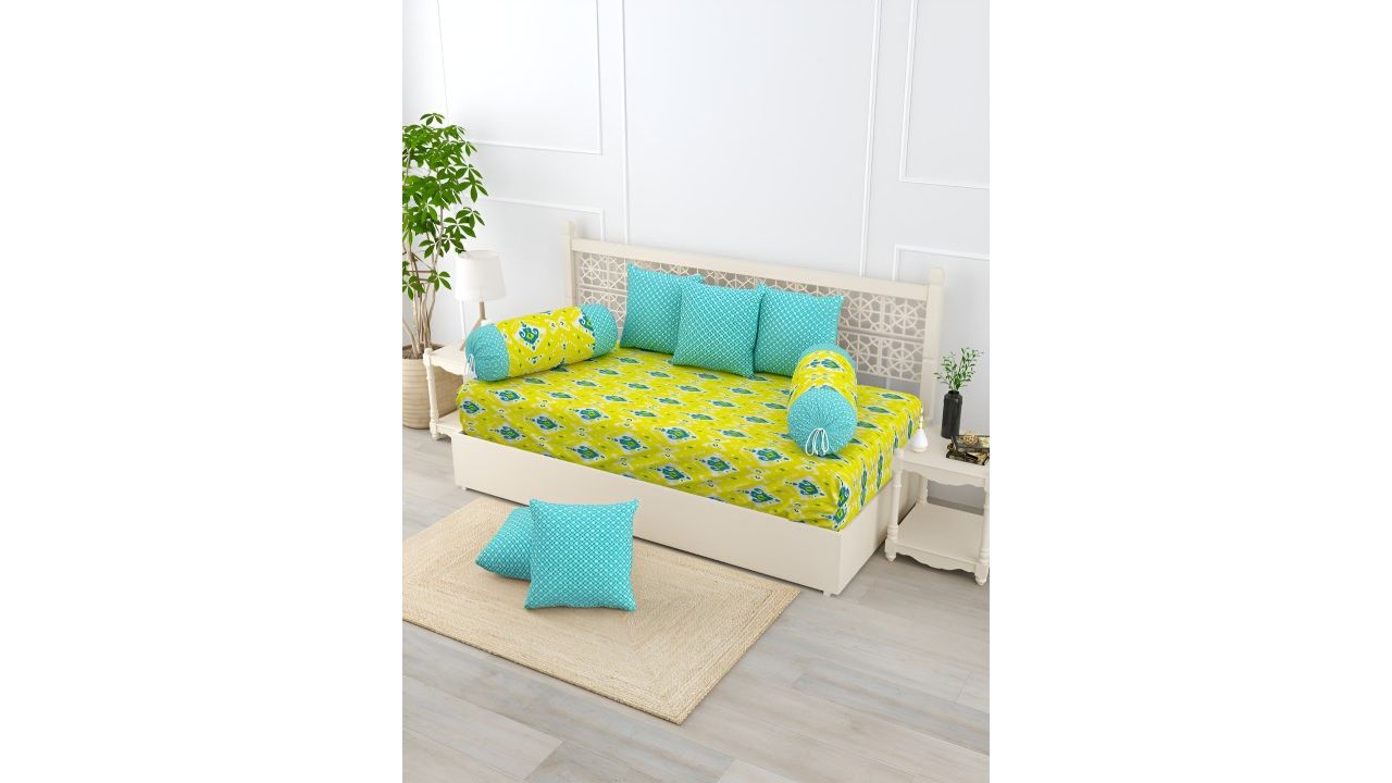 Salona Bichona 8 Pcs Green & Turquoise blue Printed Pure Cotton Diwan Set