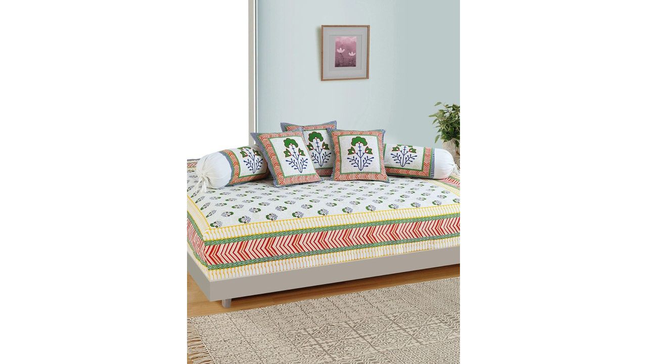 Salona Bichona Jaipuri Blue 6-Pieces Printed Pure Cotton 120TC Diwan Set