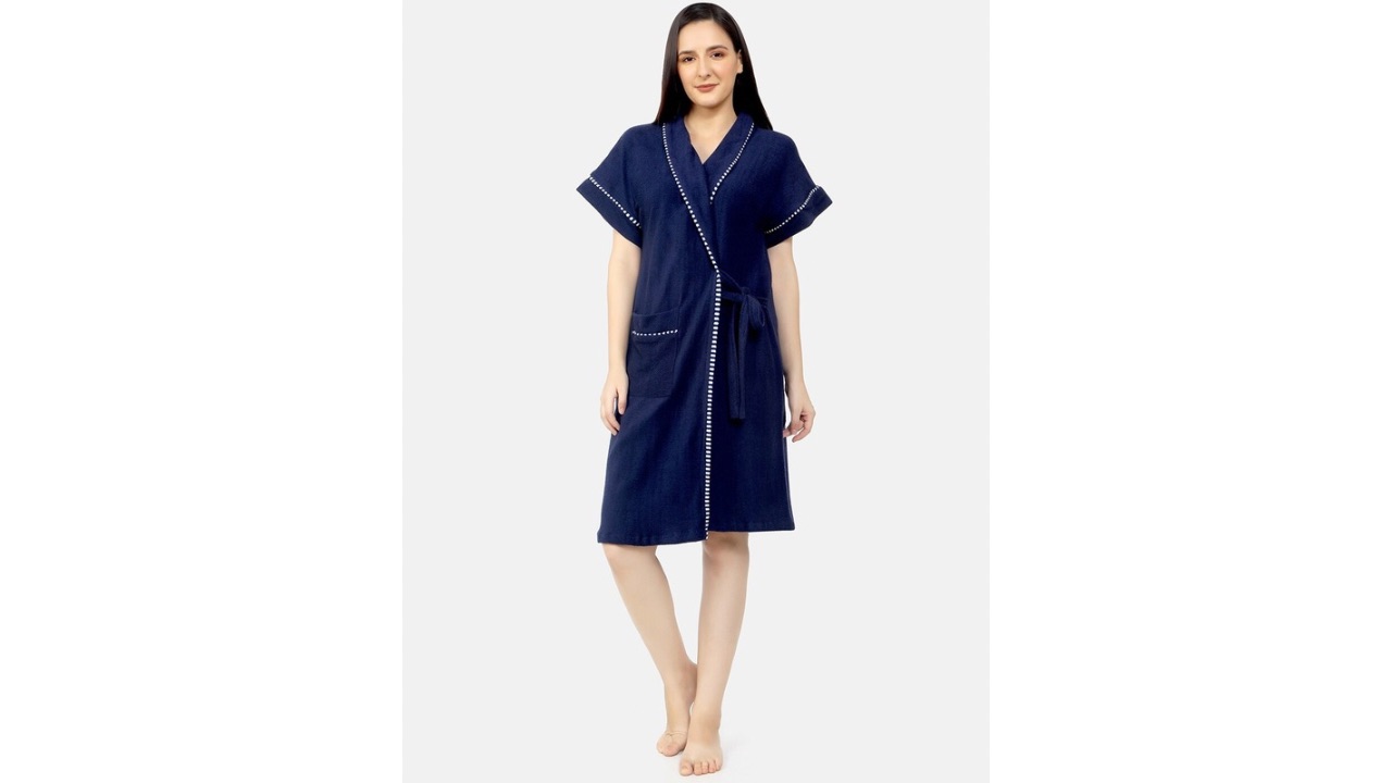 Sand Dune Women Navy Blue Solid Pure Terry Cotton Bath Robe