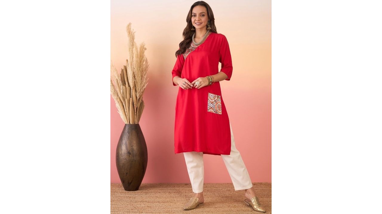 Sangria Red Ethnic Motifs Yoke Design Round Neck Patch Pocket Straight Kurta