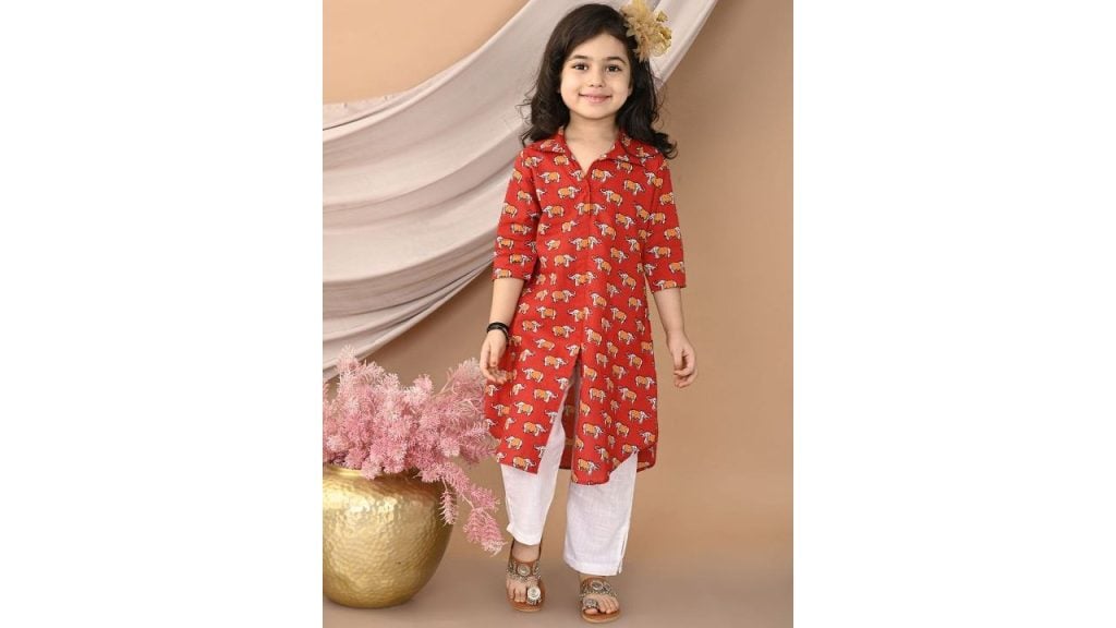 Sangria Red Girls Conversational Printed Pure Cotton Kurta With Trousers