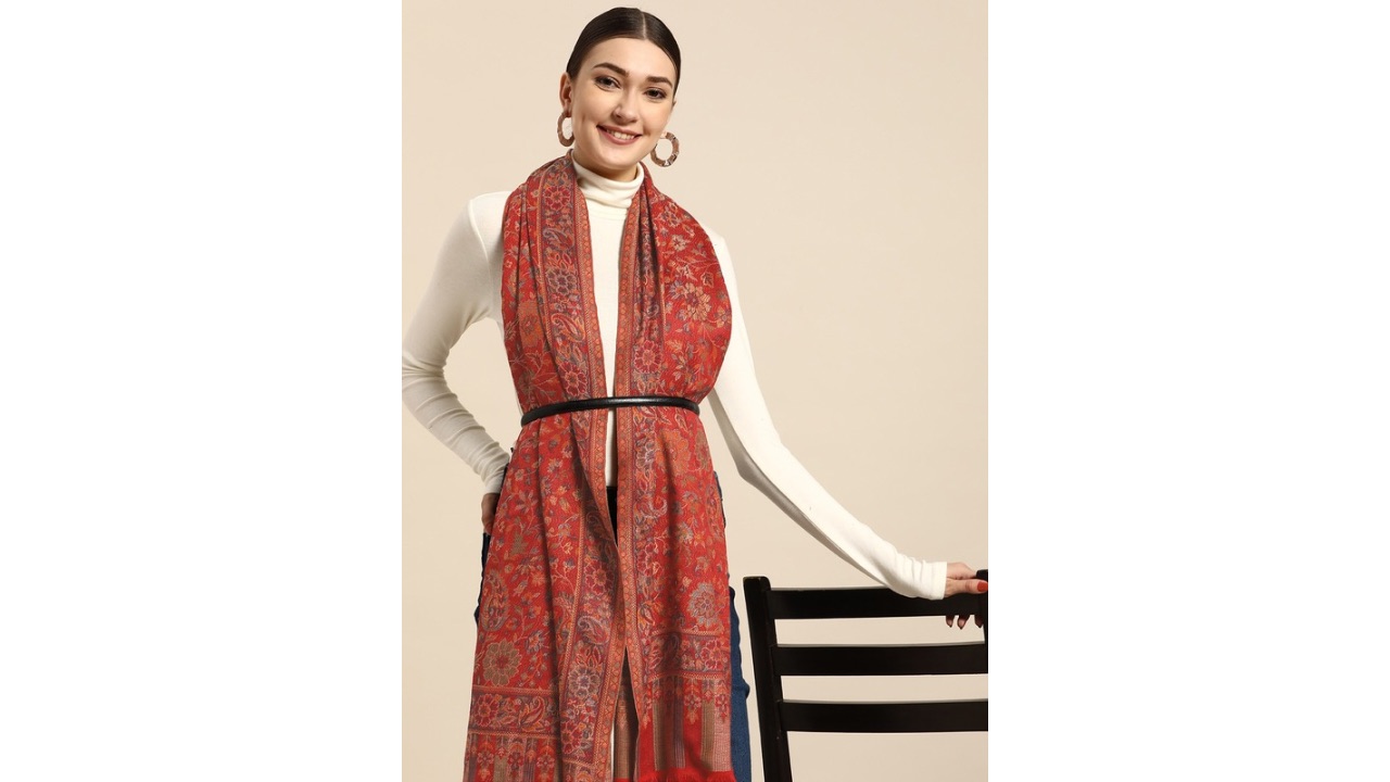 Sangria Women Red Woollen Kashmiri Ethnic Jaal Shawl
