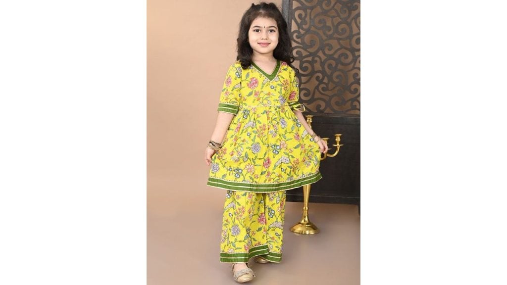 Superminis Girls Floral Printed Regular Gotta Patti Pure Cotton A-Line Kurti with Sharara