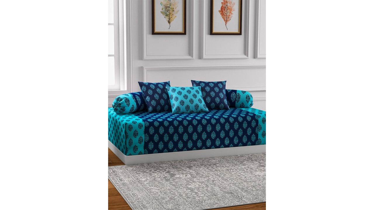 Swayam Indigo Oasis Blue/Teal Ethnic Motif 6PCs Cotton Diwan Set for Living Room